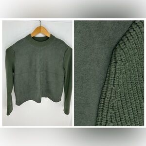 Ann Taylor Faux‎ Suede Mixed Media Sweater Size XL Olive Green Crew Neck Cuff